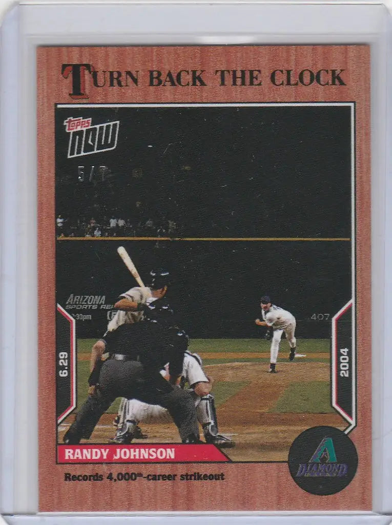 Baseball trading card of Randy Johnson Dbacks in mid-throw, Topps Turn Back the Clock Cherry Parallel