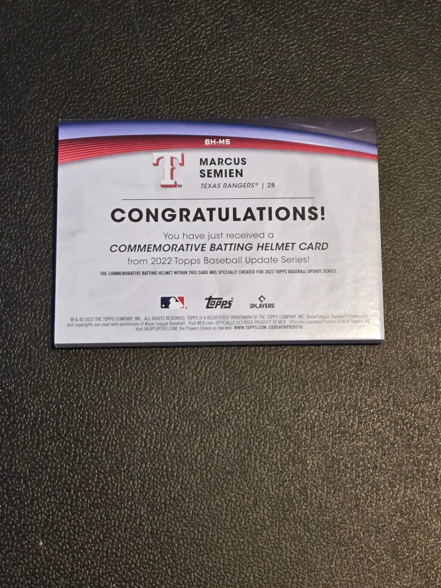 Marcus Semien commemorative batting helmet card from 2022 Topps Update series