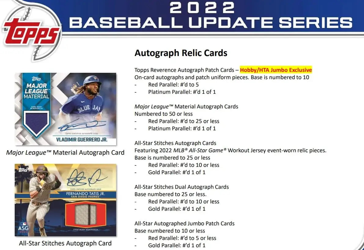 Baseball card autograph relic from 2022 Topps Update Series featuring gold, red, or platinum parallels