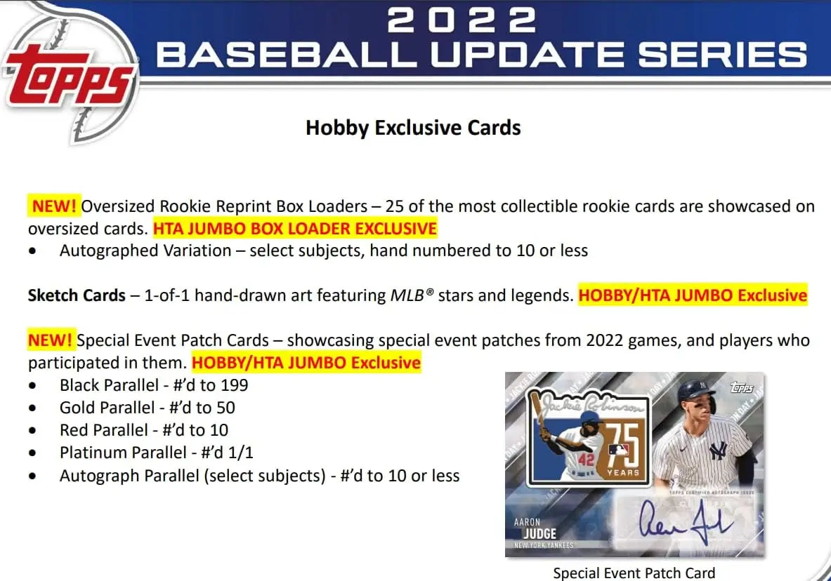 2022 Topps Update Series Baseball Hobby Box featuring gold, red, and platinum parallels