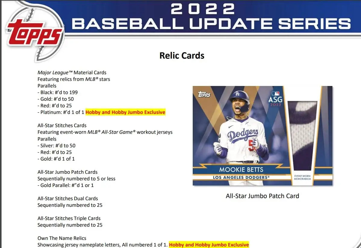 Baseball card relic information from 2022 Topps Update Series Hobby Box featuring gold, red, and platinum parallels