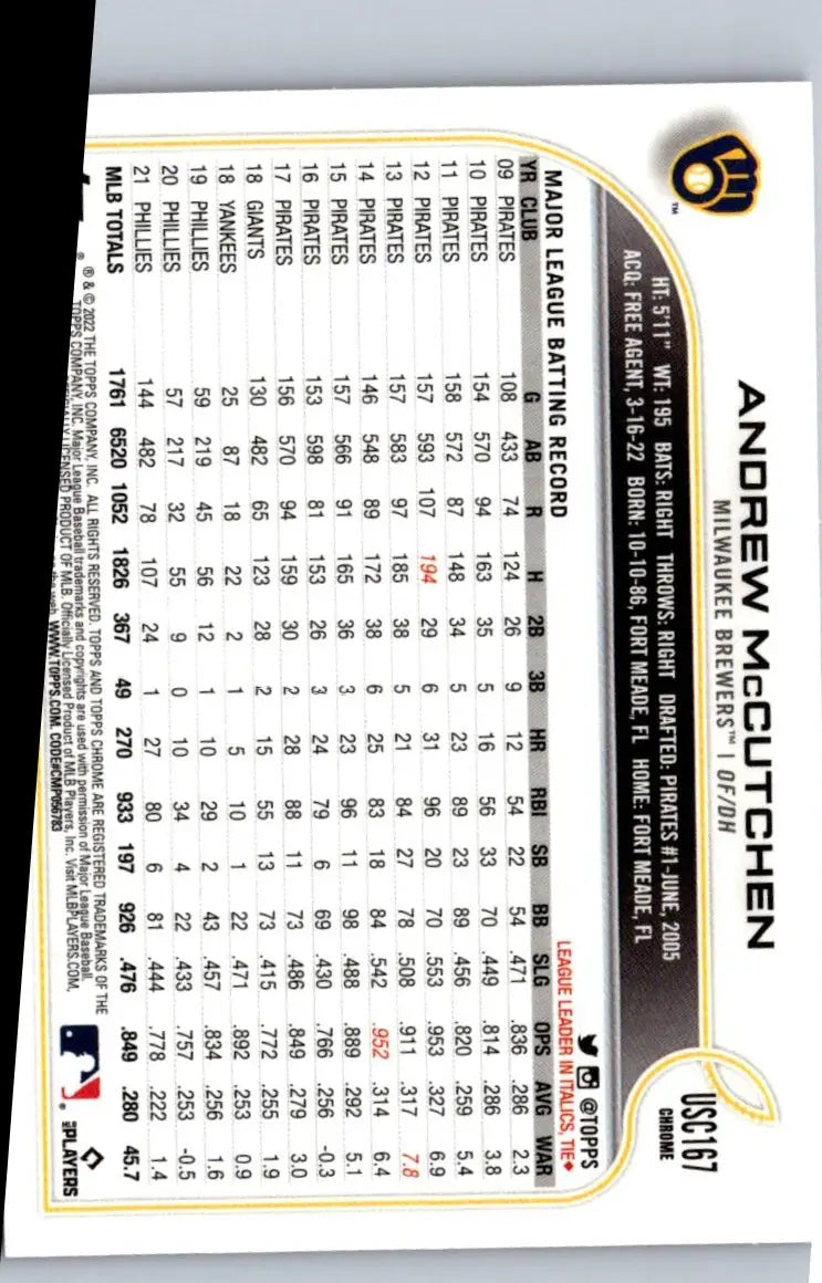 2022 Topps Update US251 Andrew McCutchen Purple baseball card featuring andrew mccutchen