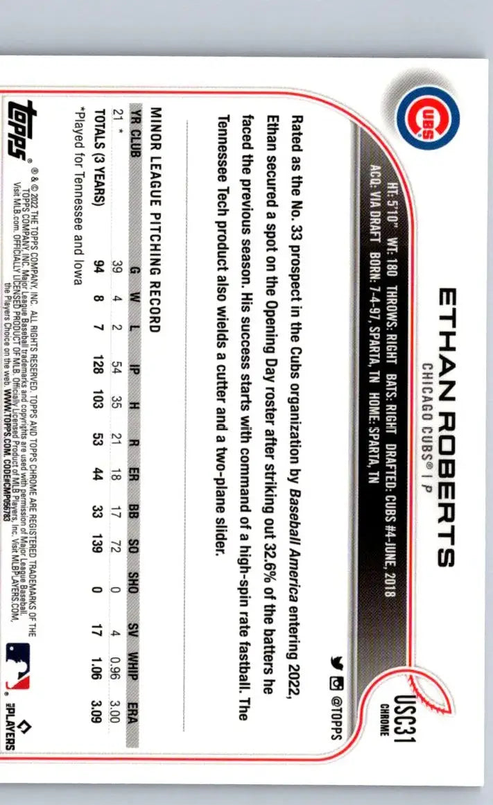 Baseball card back for 2022 Topps Update US256 Ethan Roberts Purple featuring Ethan Roberts