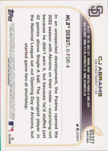 2022 Topps Update US327 CJ Abrams Padres baseball card with original gloss