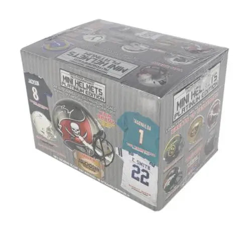 Box of NFL mini helmets featuring team logos from the 2022 Tristar Hidden Treasures series