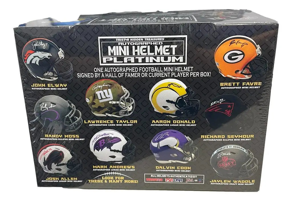 Box of NFL mini helmets autographed by players from the 2022 Tristar Platinum collection