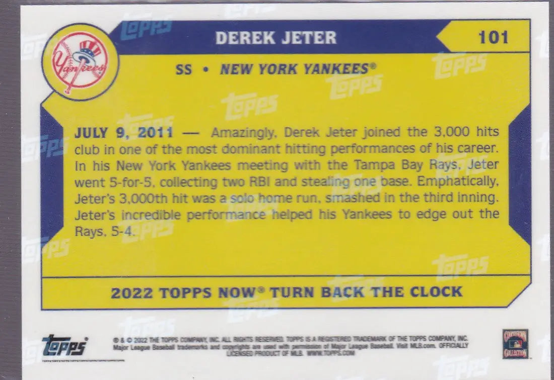 Back of 2022 Turn Back the Clock Derek Jeter baseball card featuring New York Yankees