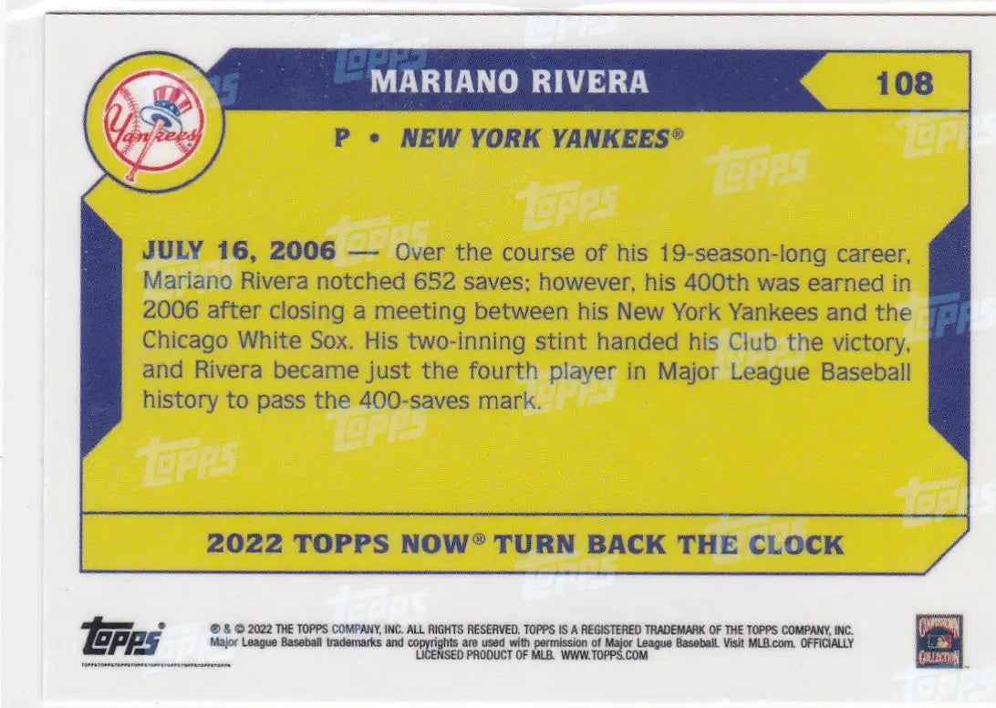 Back of a 2022 TURN BACK THE CLOCK Mariano Rivera baseball trading card featuring New York Yankees