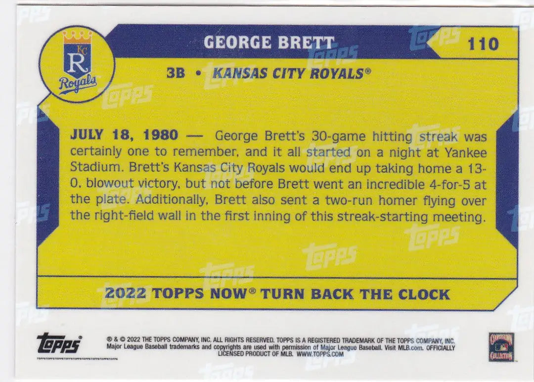 Yellow and blue Kansas City Royals baseball card with text from 2022 Turn Back the Clock series