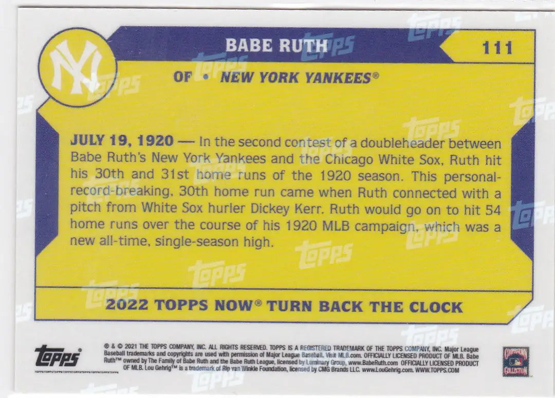 Yellow and blue Babe Ruth baseball card featuring New York Yankees logo and 1920 season info