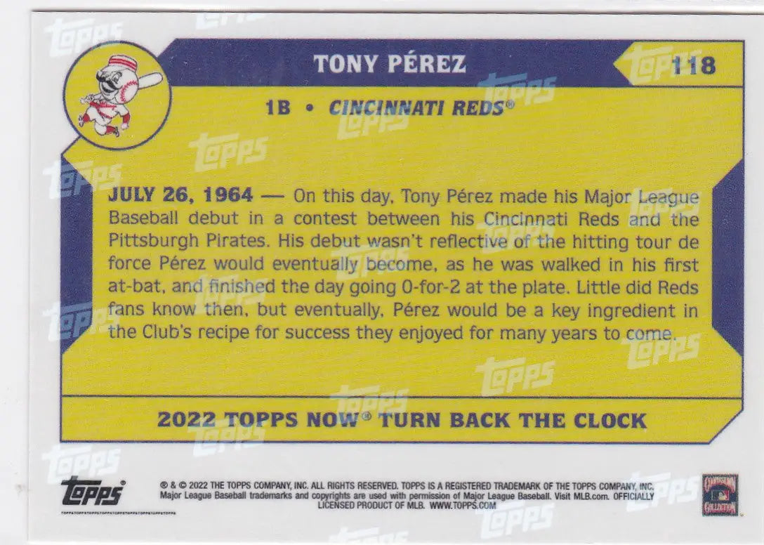 Baseball trading card of Tony Perez Cincinnati Reds from 2022 Turn Back the Clock series