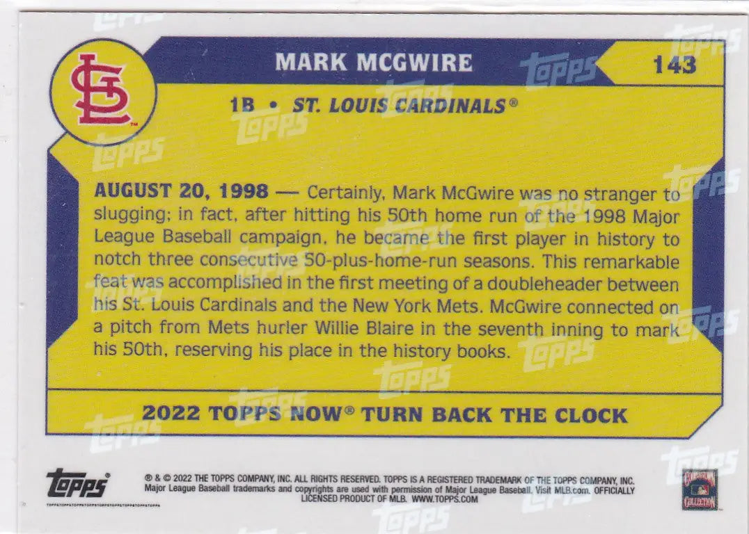 2022 Topps Now Mark McGwire baseball card featuring Louis Cardinals and McGwire- St Louis
