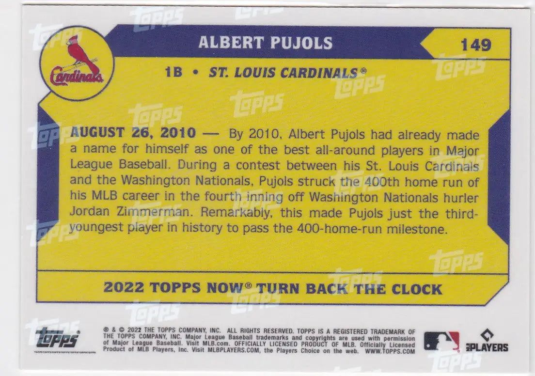 Baseball trading card featuring Albert Pujols St Louis Cardinals with yellow background