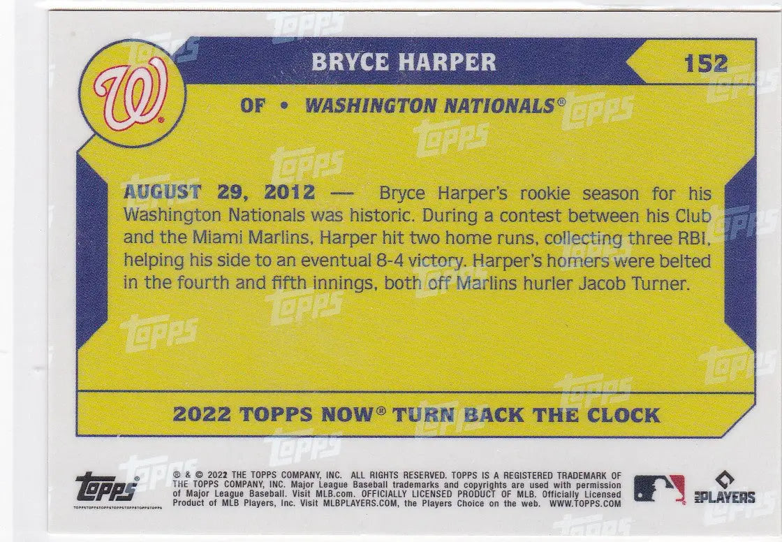 Baseball trading card of Bryce Harper Washington Nationals 2022 TURN BACK THE CLOCK