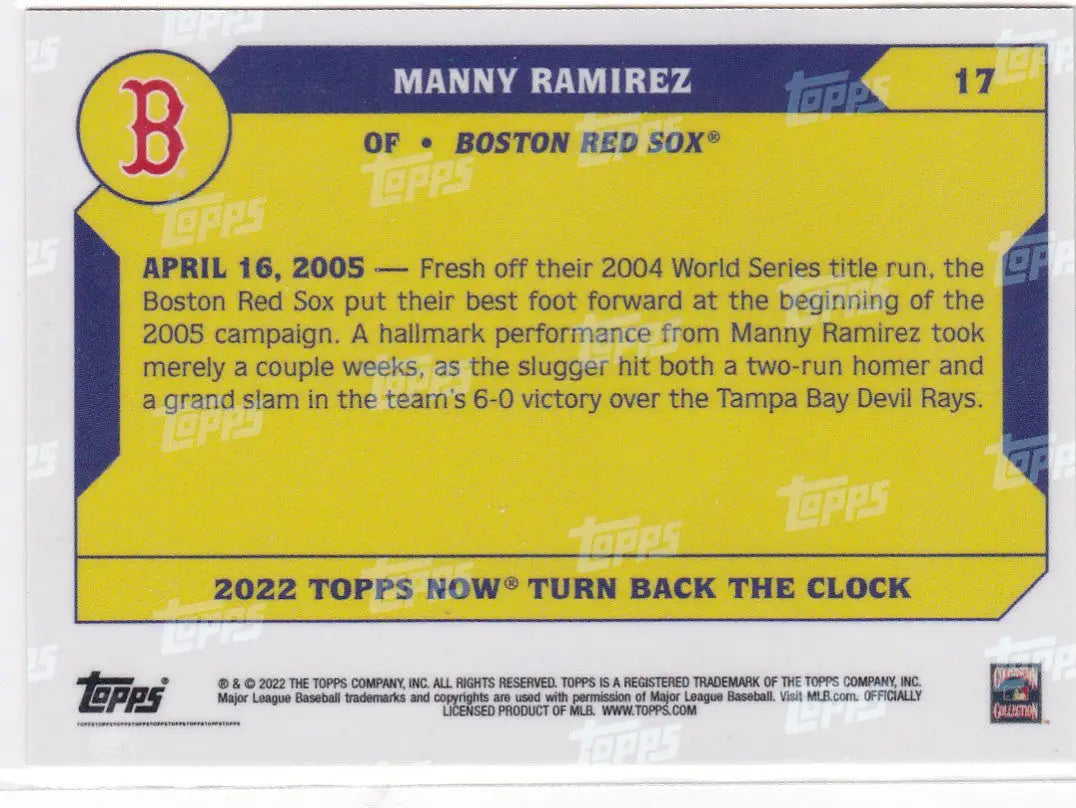 Back of a baseball trading card featuring Manny Ramirez of the Boston Red Sox