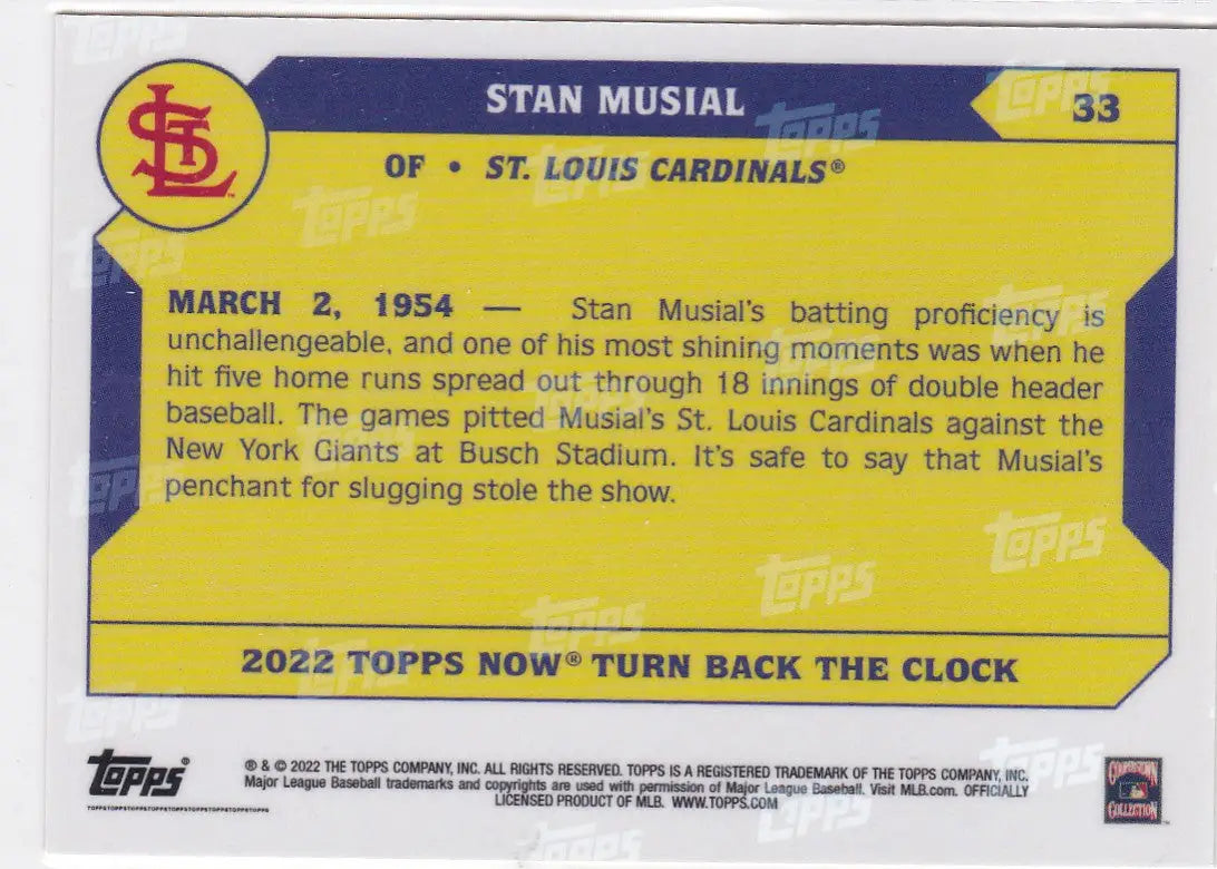 Baseball trading card of Stan Musial St Louis Cardinals 2022 TURN BACK THE CLOCK