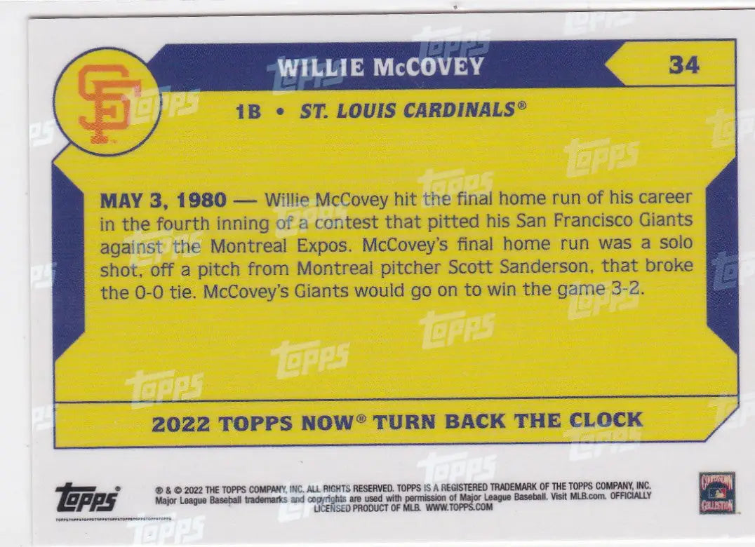Baseball trading card featuring Willie McCovey St Louis Cardinals with yellow and blue design