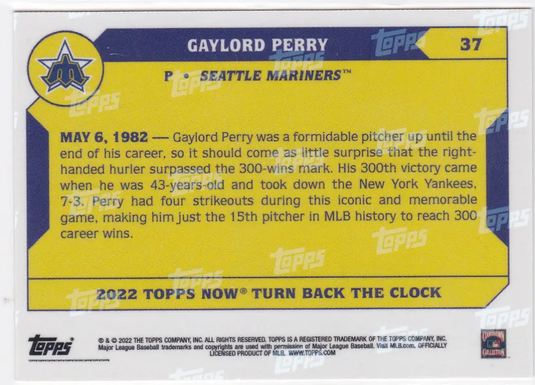 Topps baseball card of Gaylord Perry Seattle Mariners celebrating 300th win, 2022 TURN BACK THE CLOCK