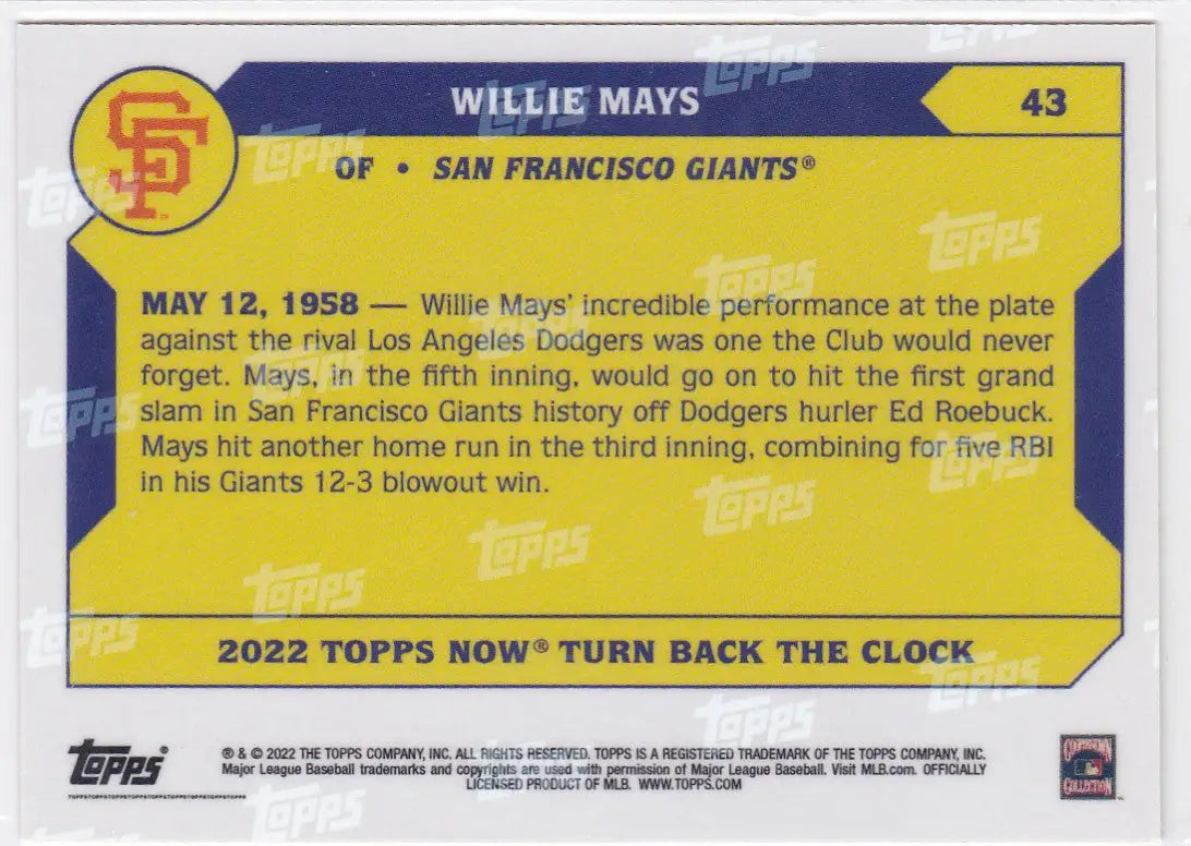 2022 Topps Now Turn Back The Clock Willie Mays baseball card San Francisco Giants
