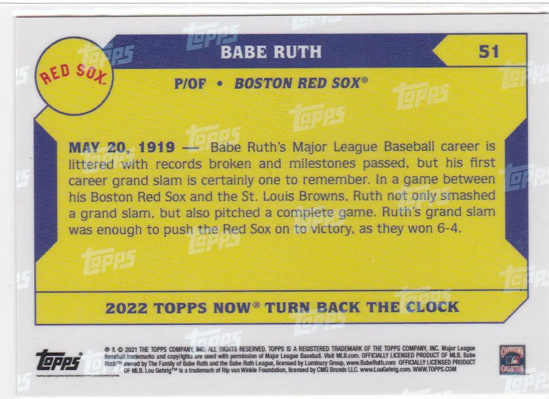 2022 Topps Now Babe Ruth Boston Red Sox baseball card for 2022 Turn Back the Clock series