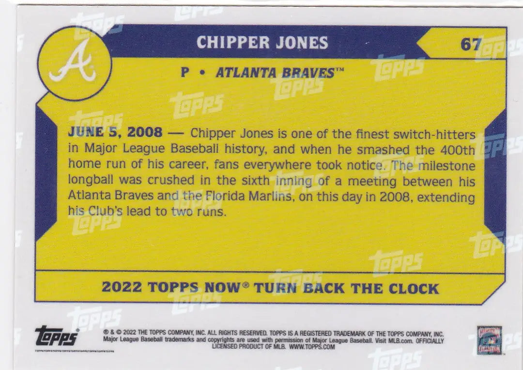 Yellow and blue baseball card of Chipper Jones- Atlanta Braves from 2022 TURN BACK THE CLOCK