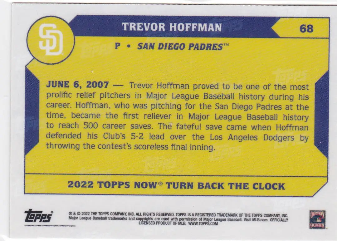 Baseball card of Trevor Hoffman San Diego Padres celebrating 500th save, 2022 Turn Back the Clock