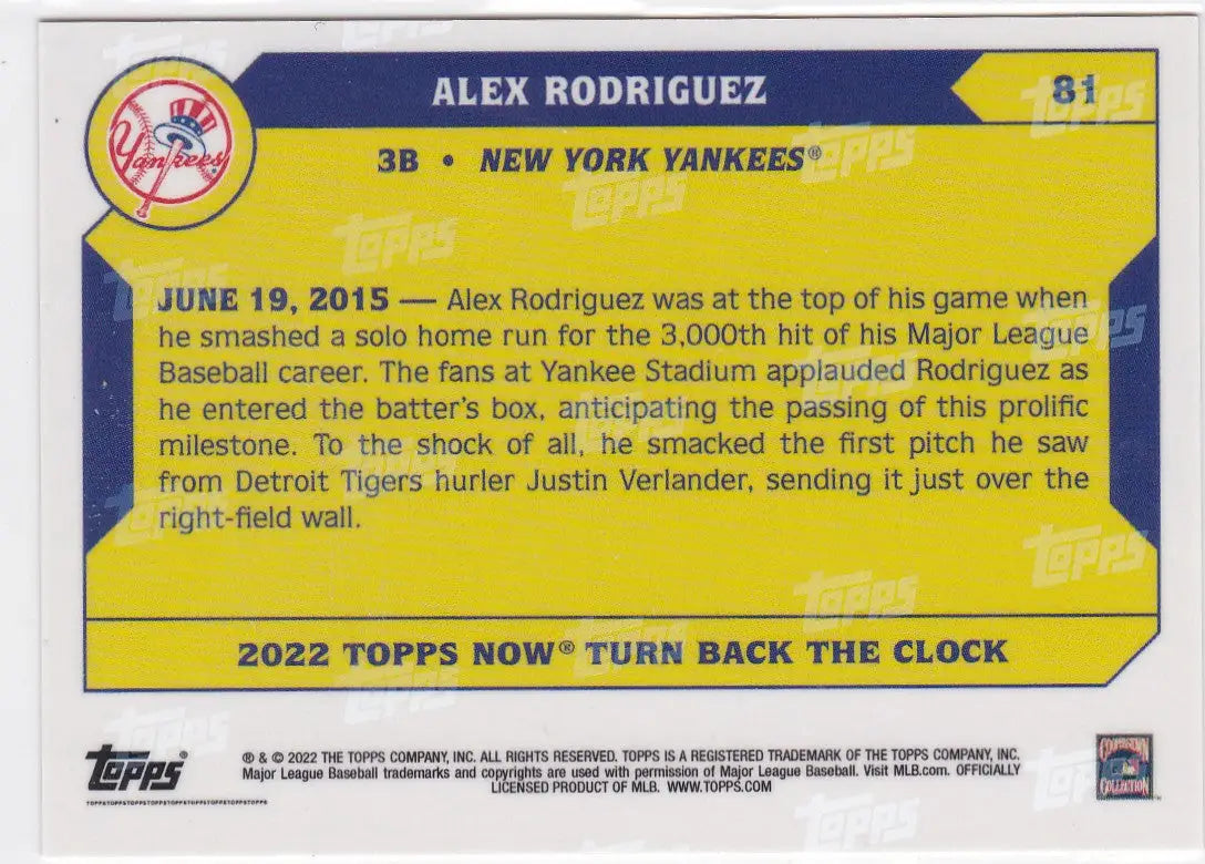 Baseball trading card of Alex Rodriguez from 2022 TURN BACK THE CLOCK for New York Yankees