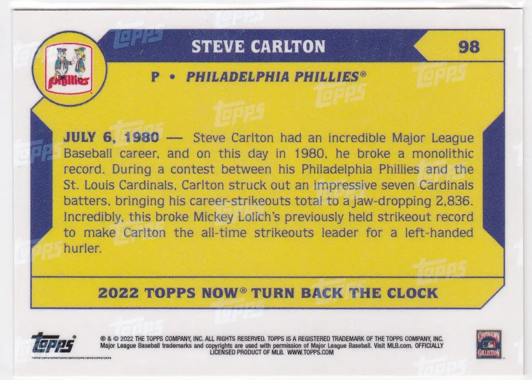 Rectangular baseball card with yellow and blue color blocking featuring Steve Carlton- Philadelphia Phillies