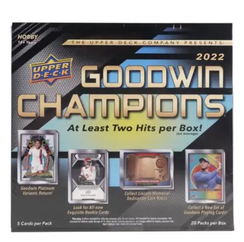 Box of 2022 Upper Deck Goodwin Champions trading cards featuring baseball cards set features