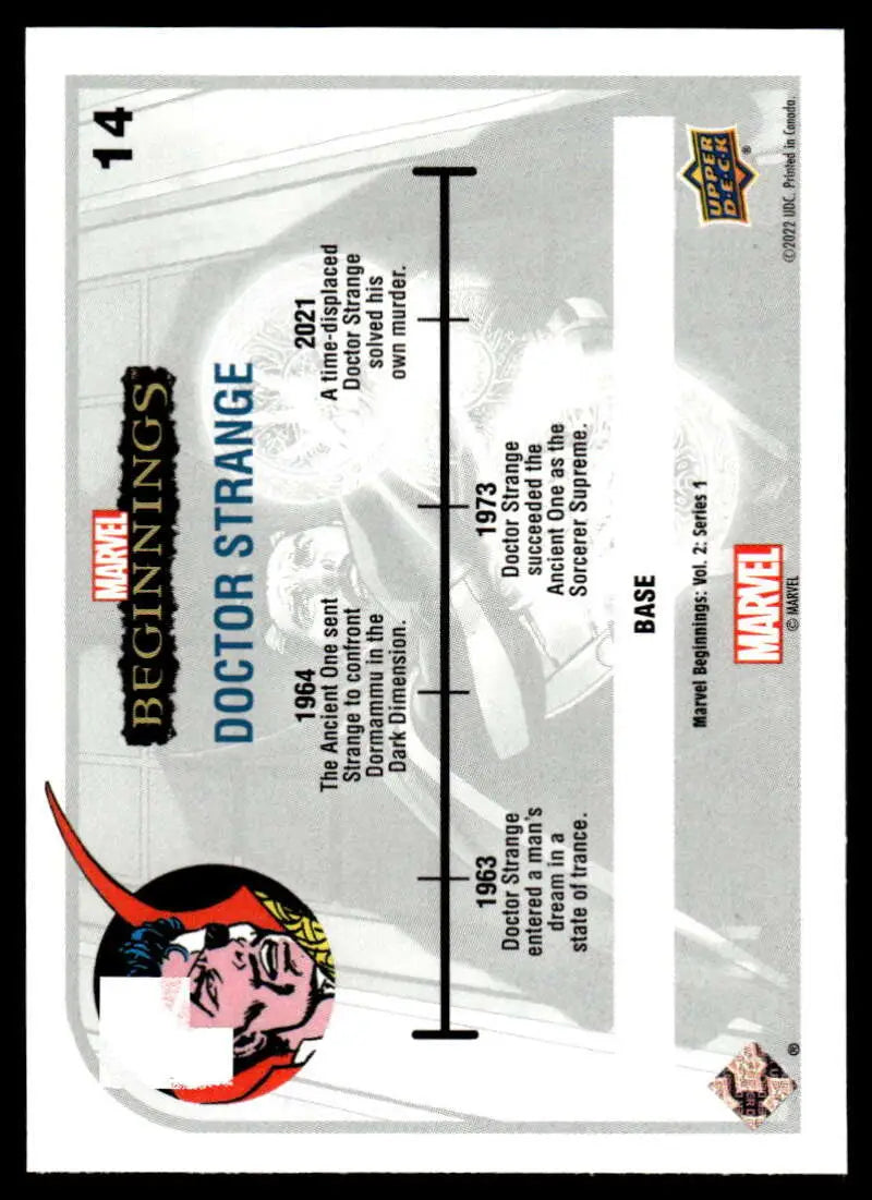 Trading card featuring Doctor Strange timeline from Marvel Beginnings Vol 2 Series 1