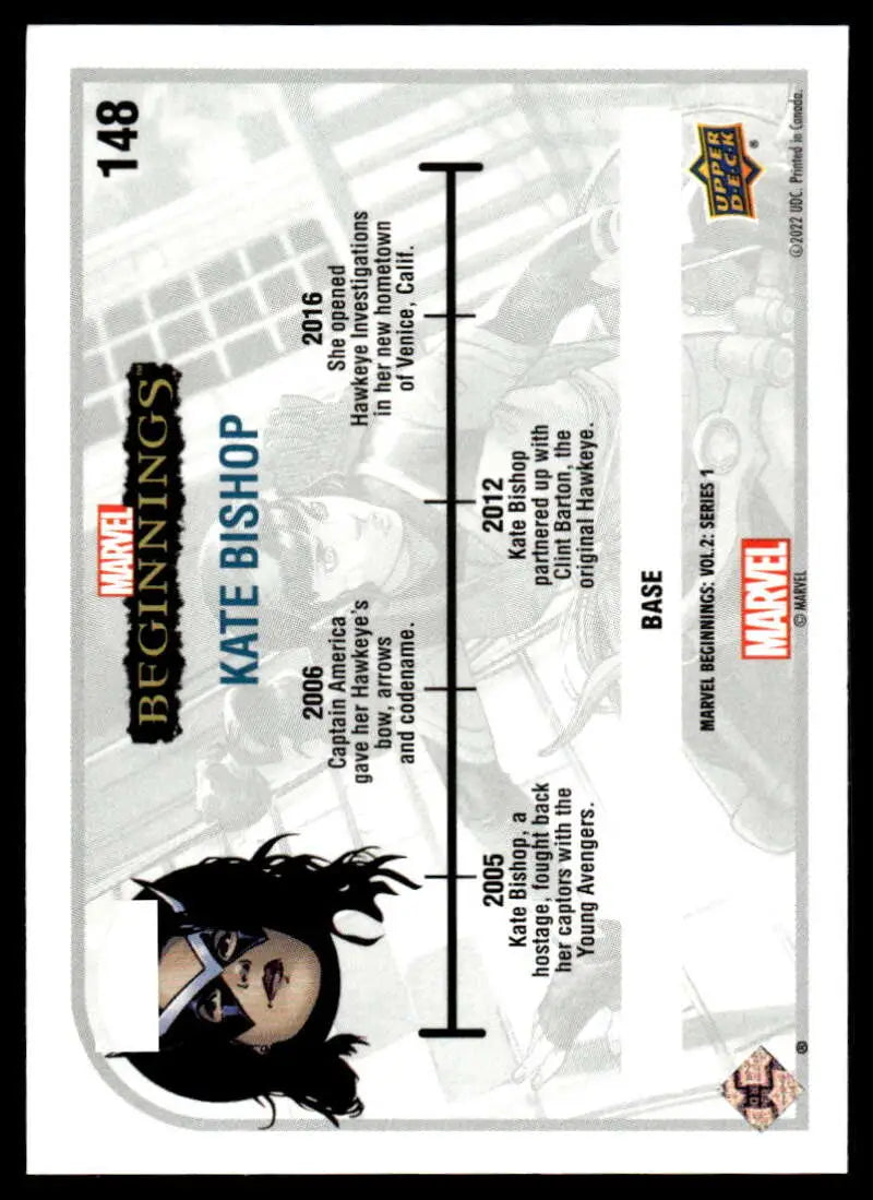 Trading card featuring a timeline design with Kate Bishop from Upper Deck Marvel Beginnings