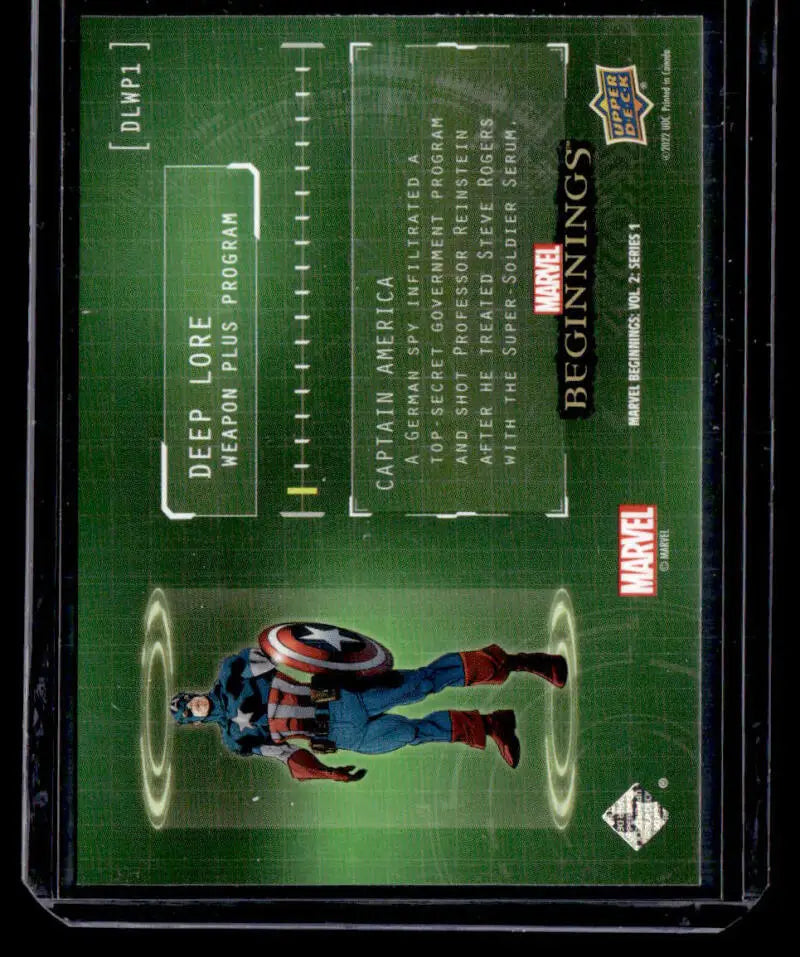 Trading card of Captain America from Upper Deck Marvel Beginnings with green background