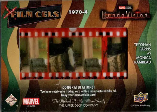 Film cell strip from WandaVision in red border, part of trading cards collection