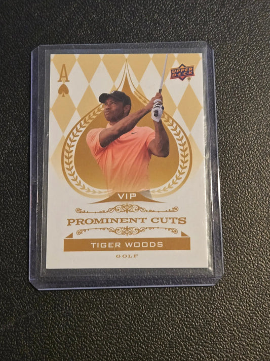 Tiger Woods golf trading card in protective sleeve from 2022 Upper Deck National Sports Collectors Convention