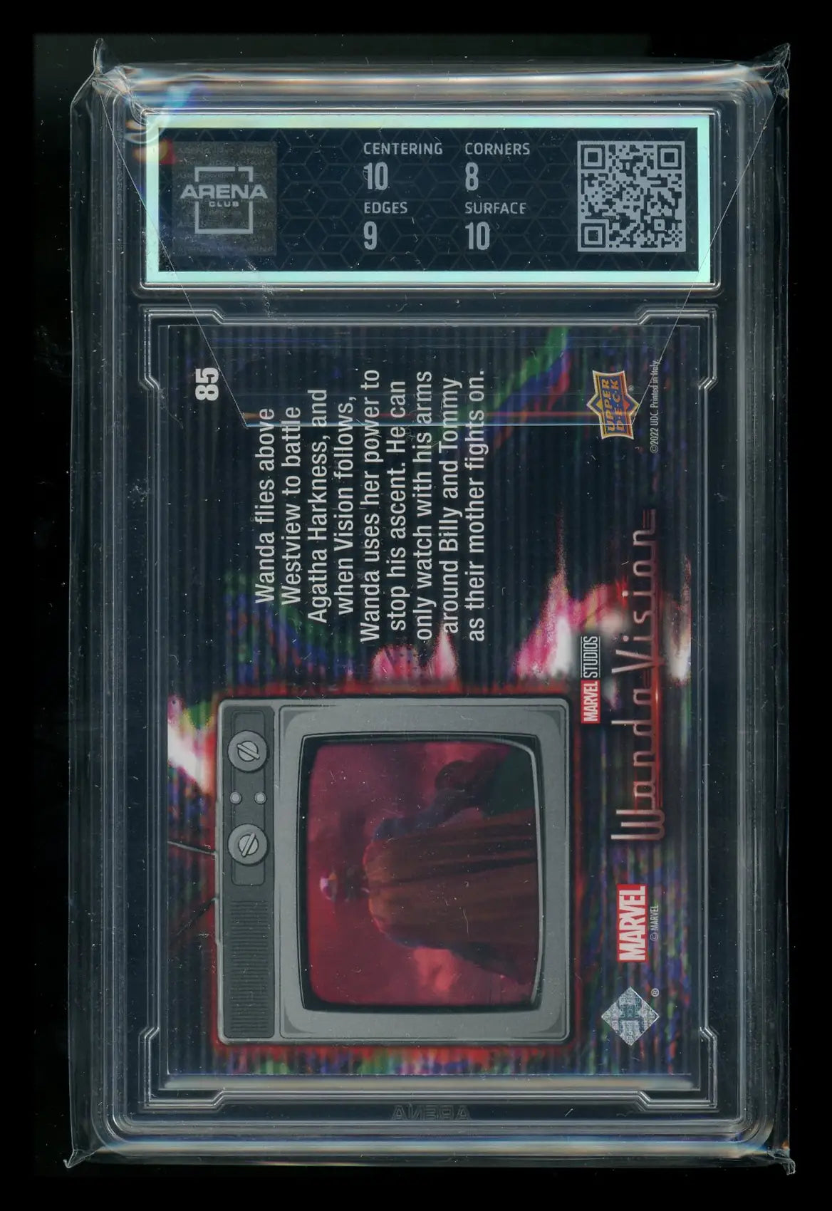 A graded collectible trading card featuring WandaVision Purple Spell from 2022 Upper Deck WandaVision