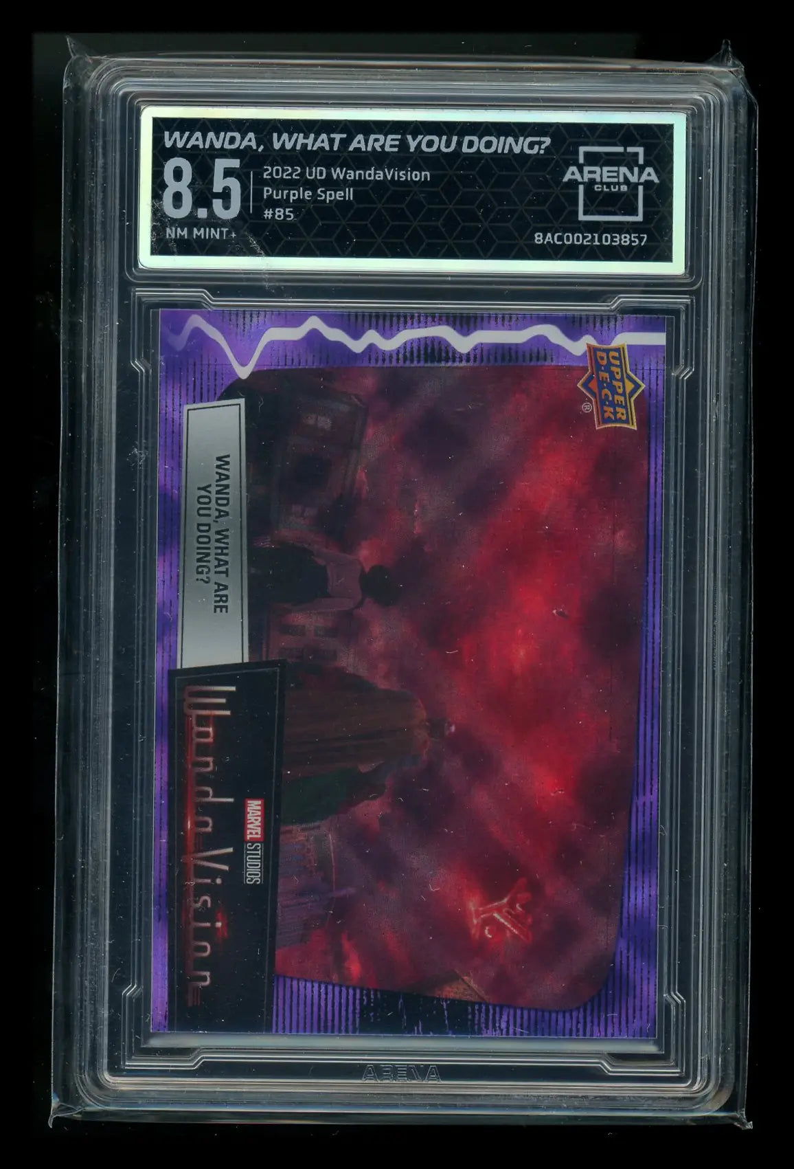 Upper Deck Wandavision purple spell trading card with 8.5 NM-MINT+ rating