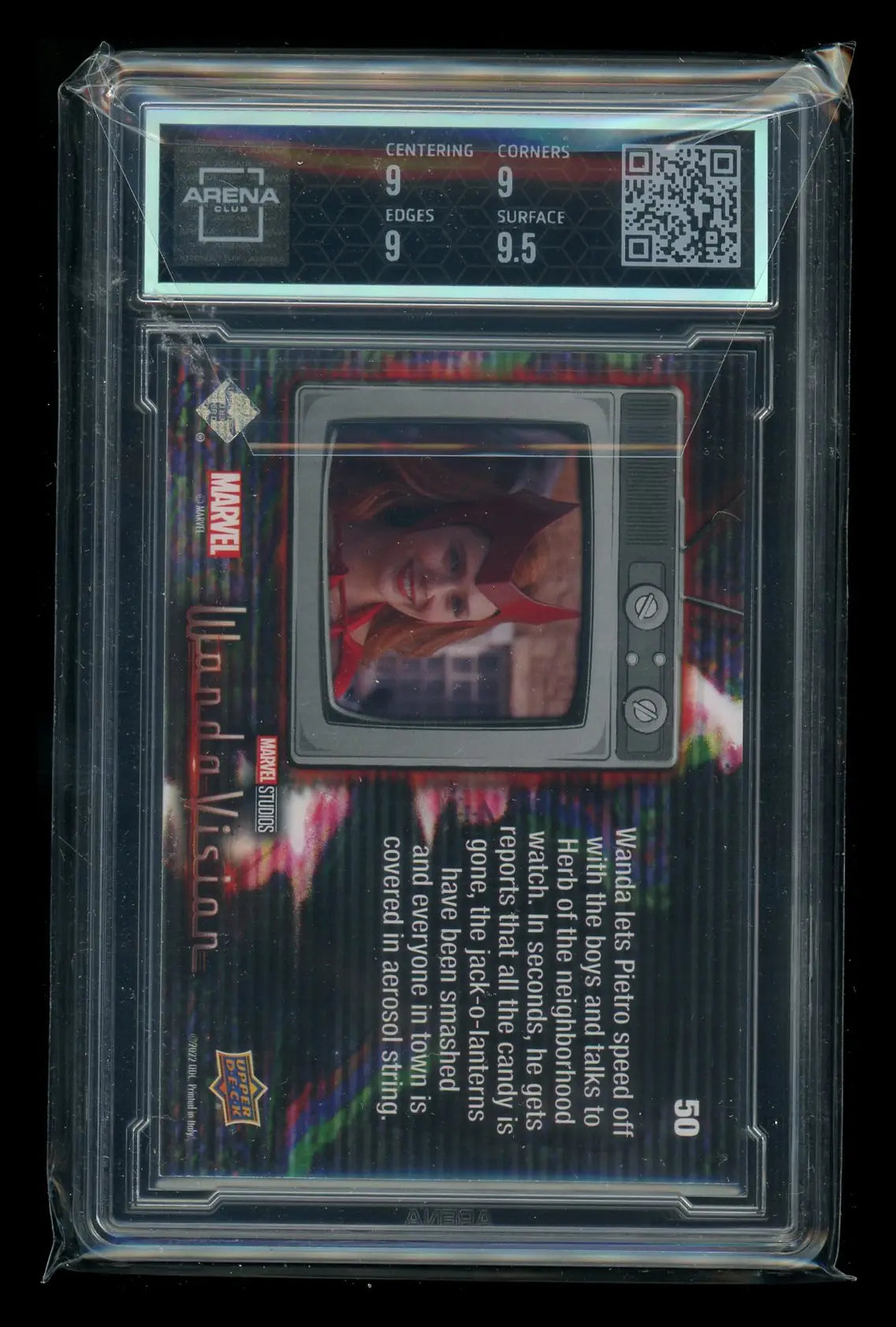 Graded Marvel WandaVision trading card from 2022 Upper Deck WandaVision Yellow Mind Stone series