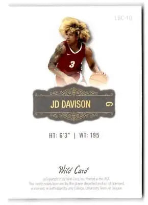 Basketball trading card featuring 2022 Wild Card Matte JD Davison Limited Base Cards White