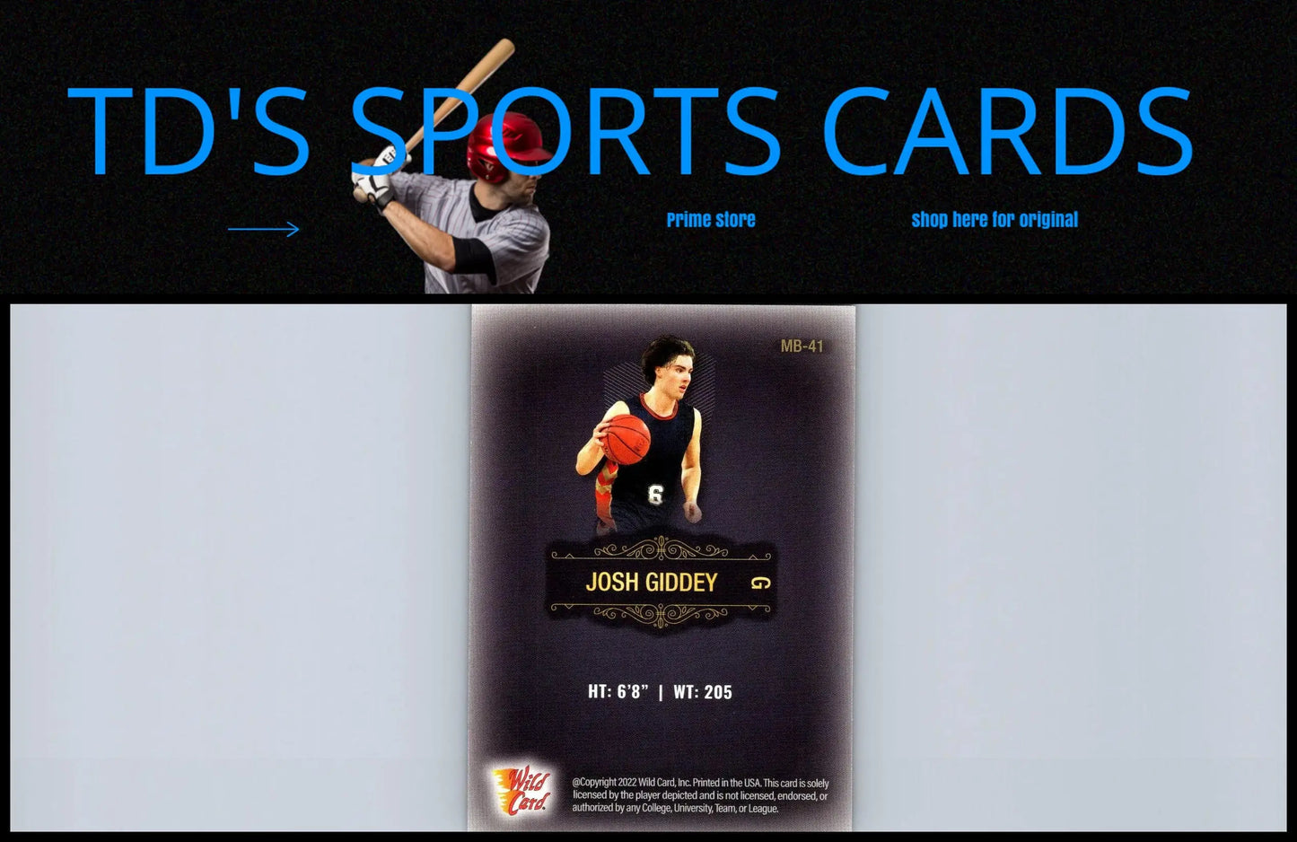 Josh Giddey basketball card from 2022 Wild Card Matte #MB-41 collectible series