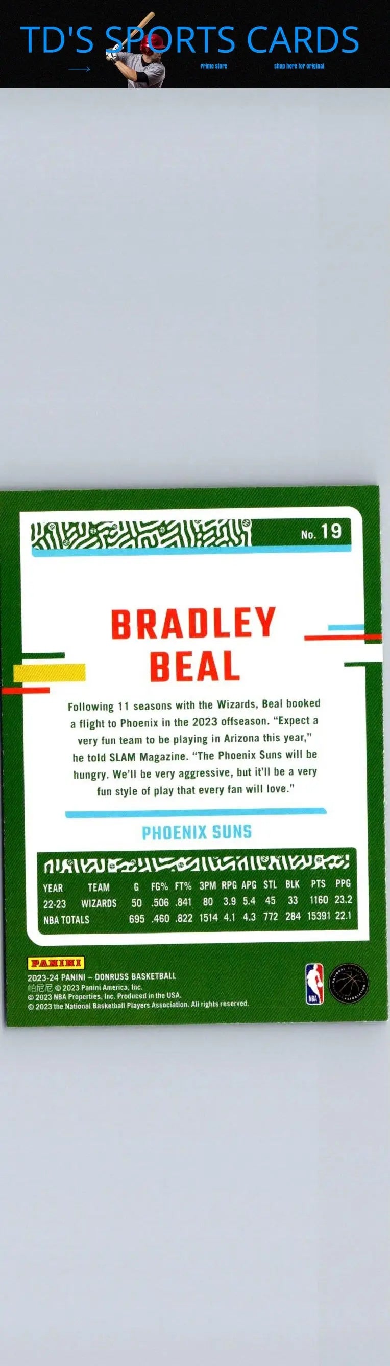 Bradley Beal basketball card featuring 2023-24 Donruss Green Laser Holo design