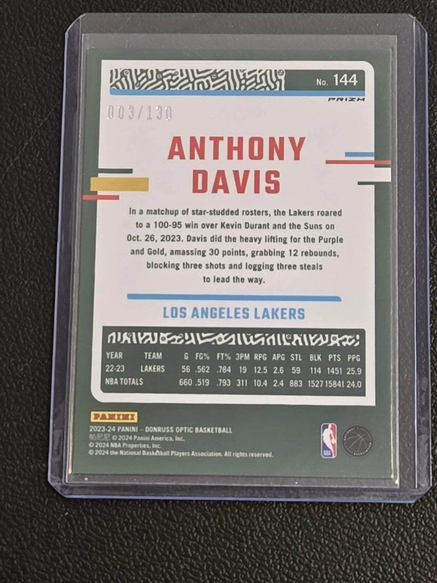 Anthony Davis Panini Prizm basketball trading card 2023-24 Donruss Optic Davis Red Seismic