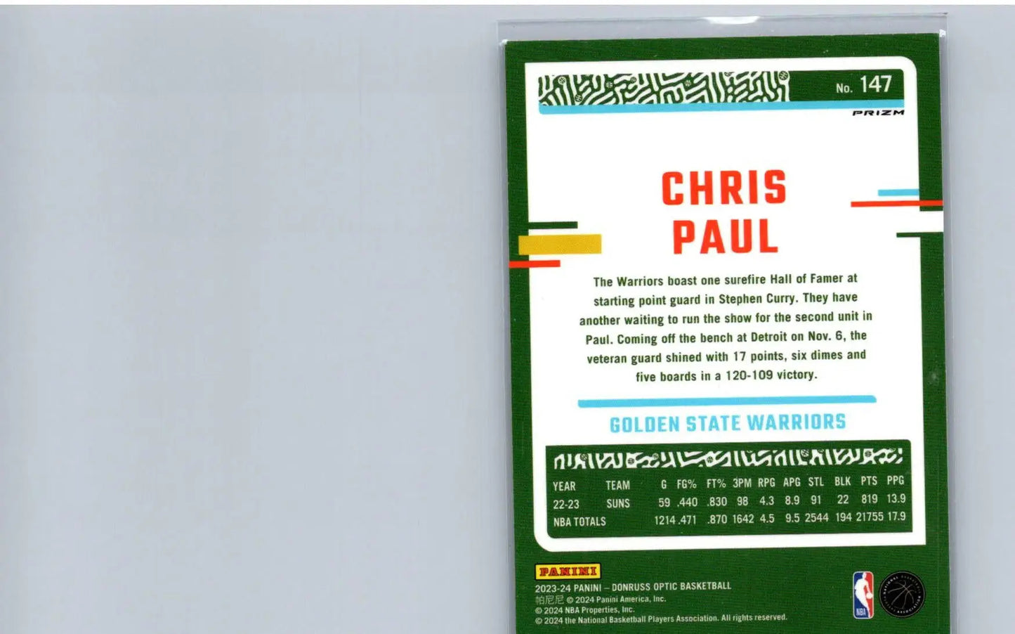 Back of 2023-24 Donruss Optic Chris Paul Purple Warriors trading card featuring Paul Purple