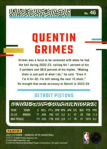 Original gloss Donruss Optic Quentin Grimes basketball card for 2023-24 Pistons identity
