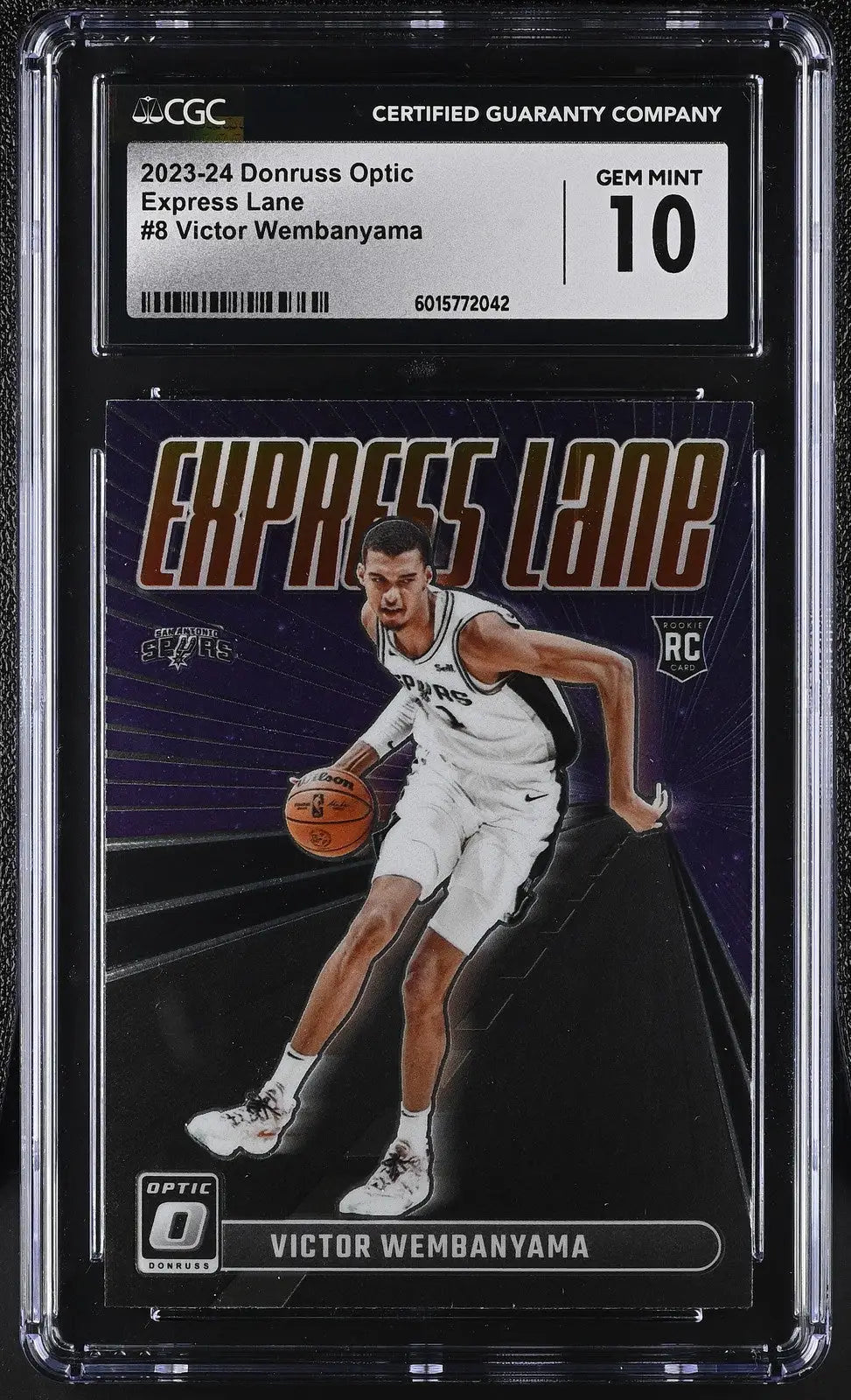 Graded Victor Wembanyama rookie card from Donruss Optic featuring Express Lane design
