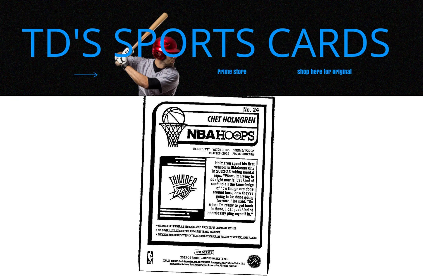 Chet Holmgren 2023-24 Hoops card featuring Oklahoma City Thunder star player