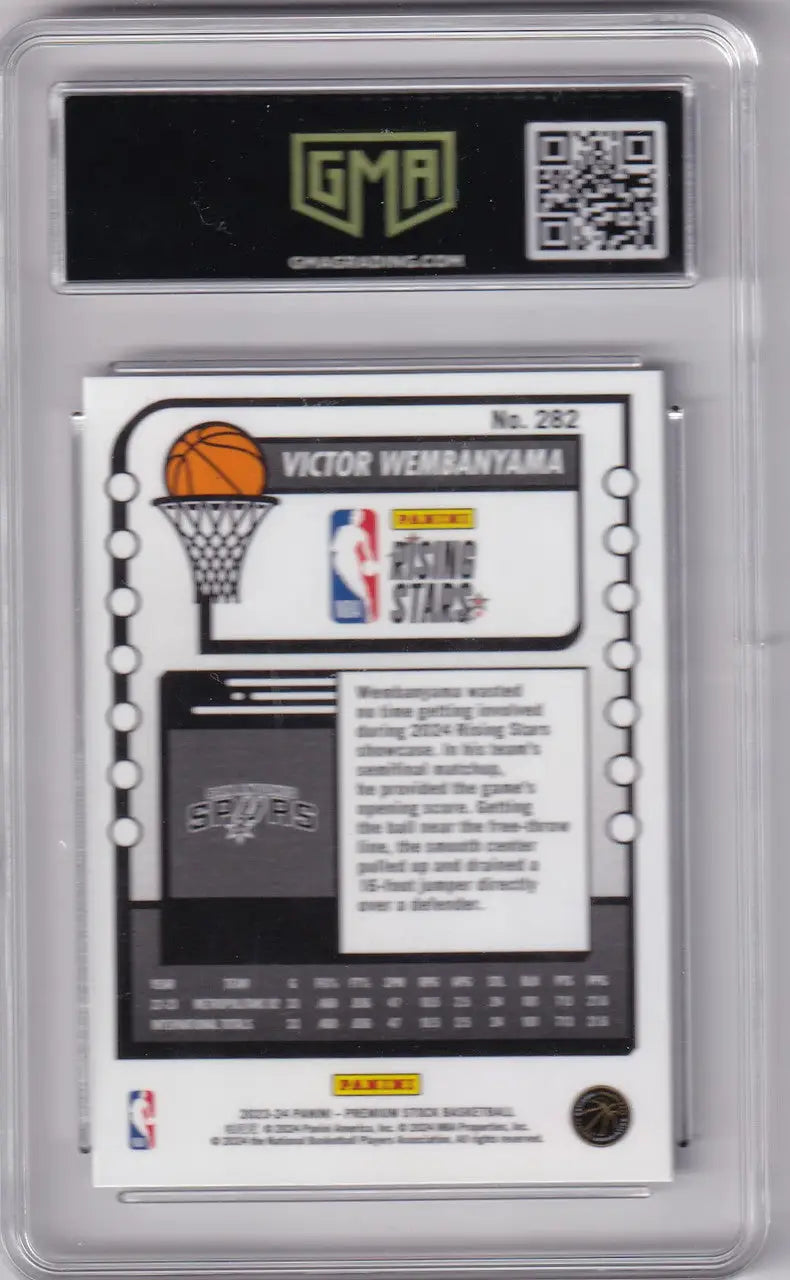 Graded Victor Wembanyama Panini Rising Stars basketball card from 2023-24 Hoops Premium series featuring San Antonio Spurs