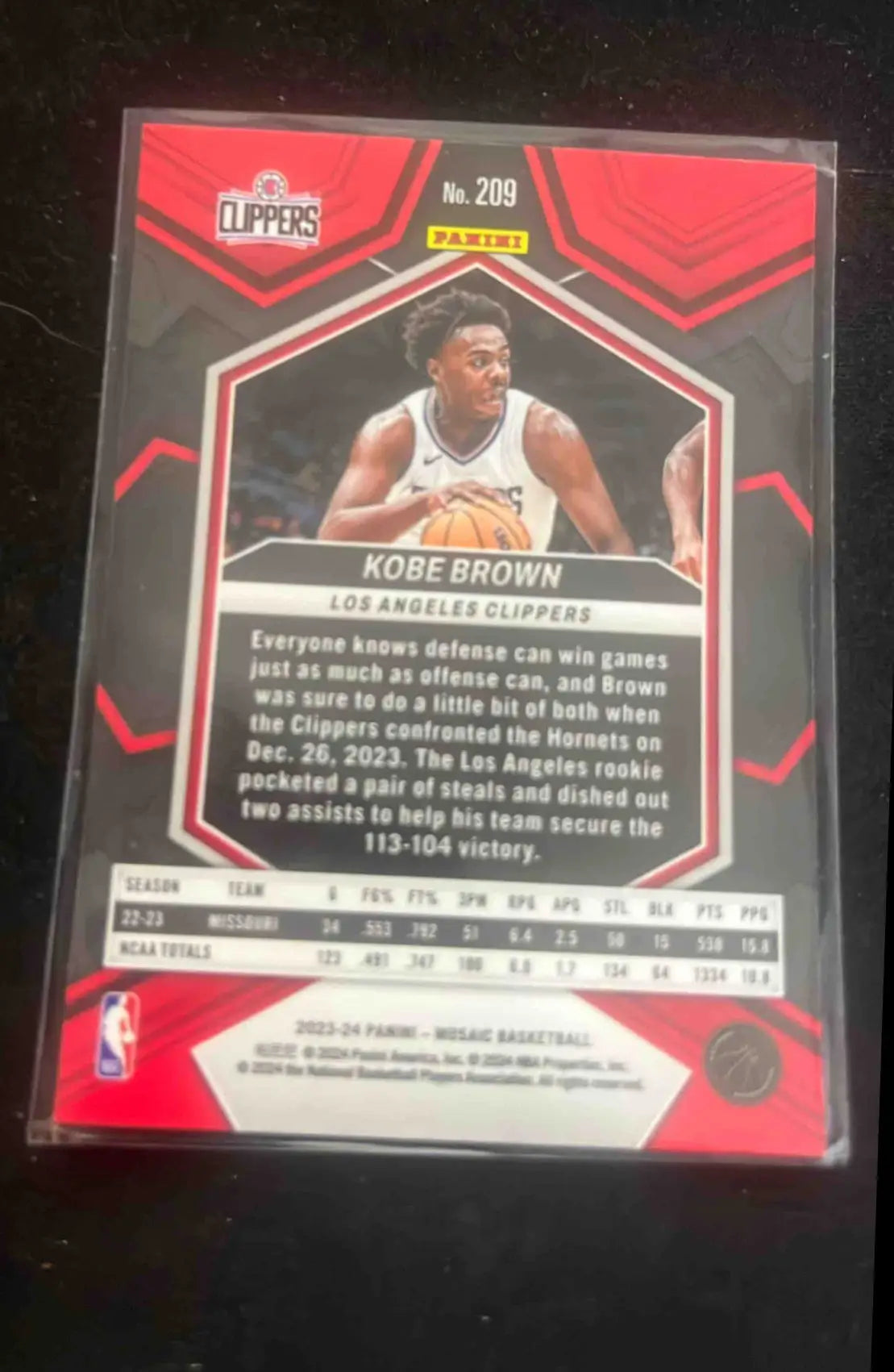 Basketball Mosaic Kobe card featuring Kobe Brown Los Angeles Clippers Panini Basketball Mosaic