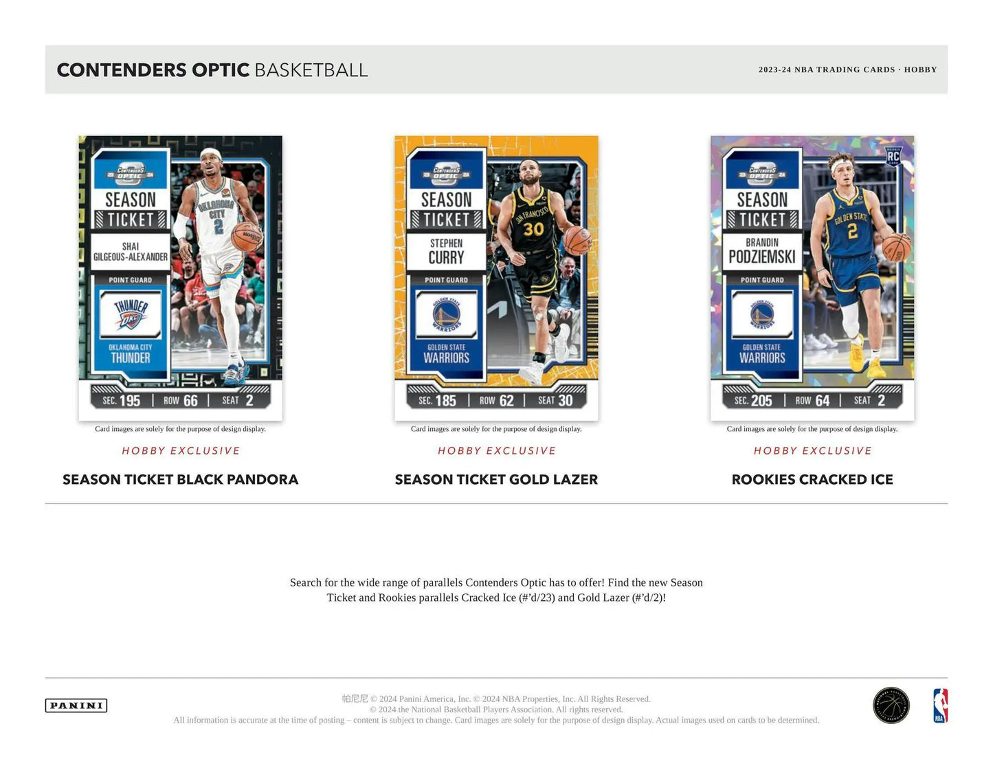 Basketball trading cards from 2023-24 Panini Contenders Optic Hobby Box featuring cracked ice design