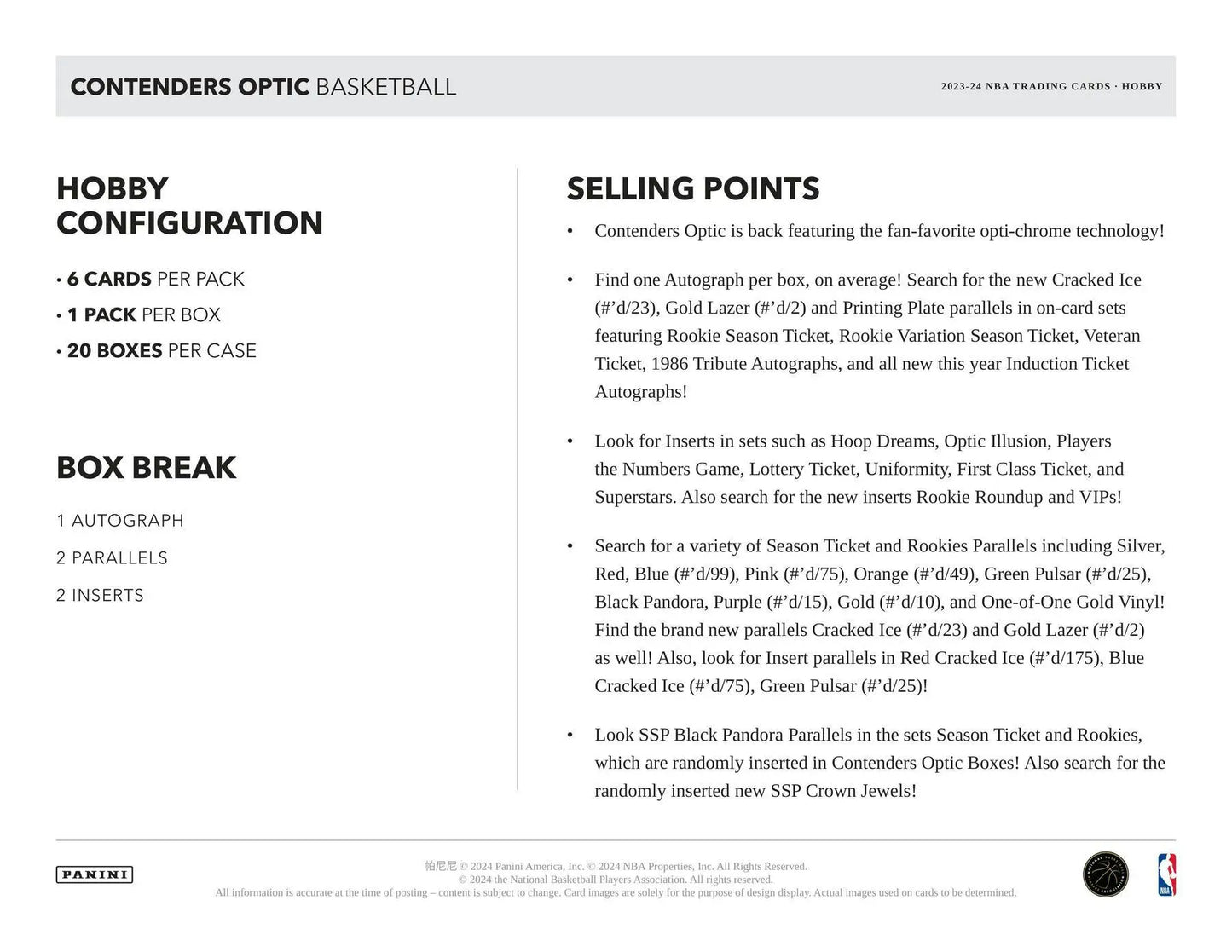 2023-24 Panini Contenders Optic Basketball Hobby Box with Season Ticket and Cracked Ice cards