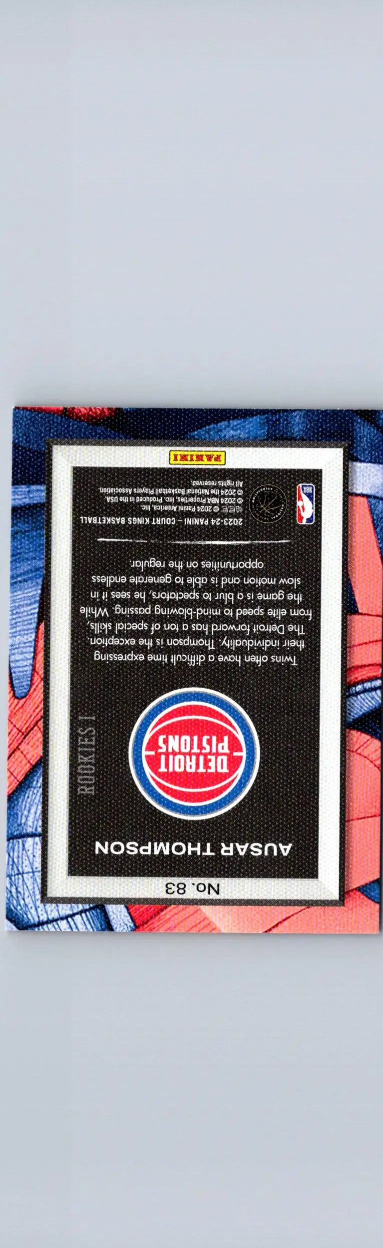 Back of 2023-24 Panini Court Kings Ausar Thompson NBA trading card featuring Detroit Pistons
